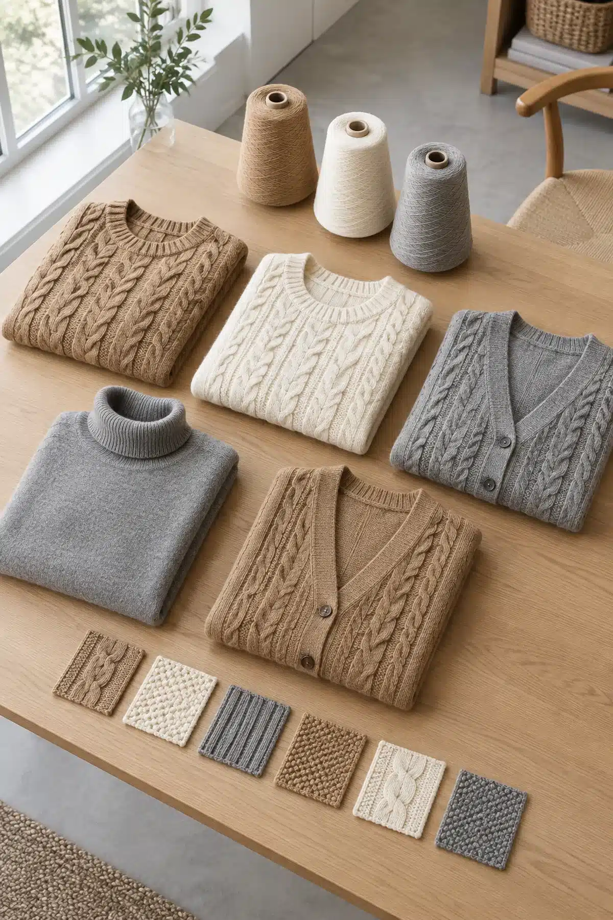 Capsule di maglieria su un tavolo di rovere: maglioni a trecce e cardigan color cammello, avorio e grigio, con coni di filato e campioni di punto