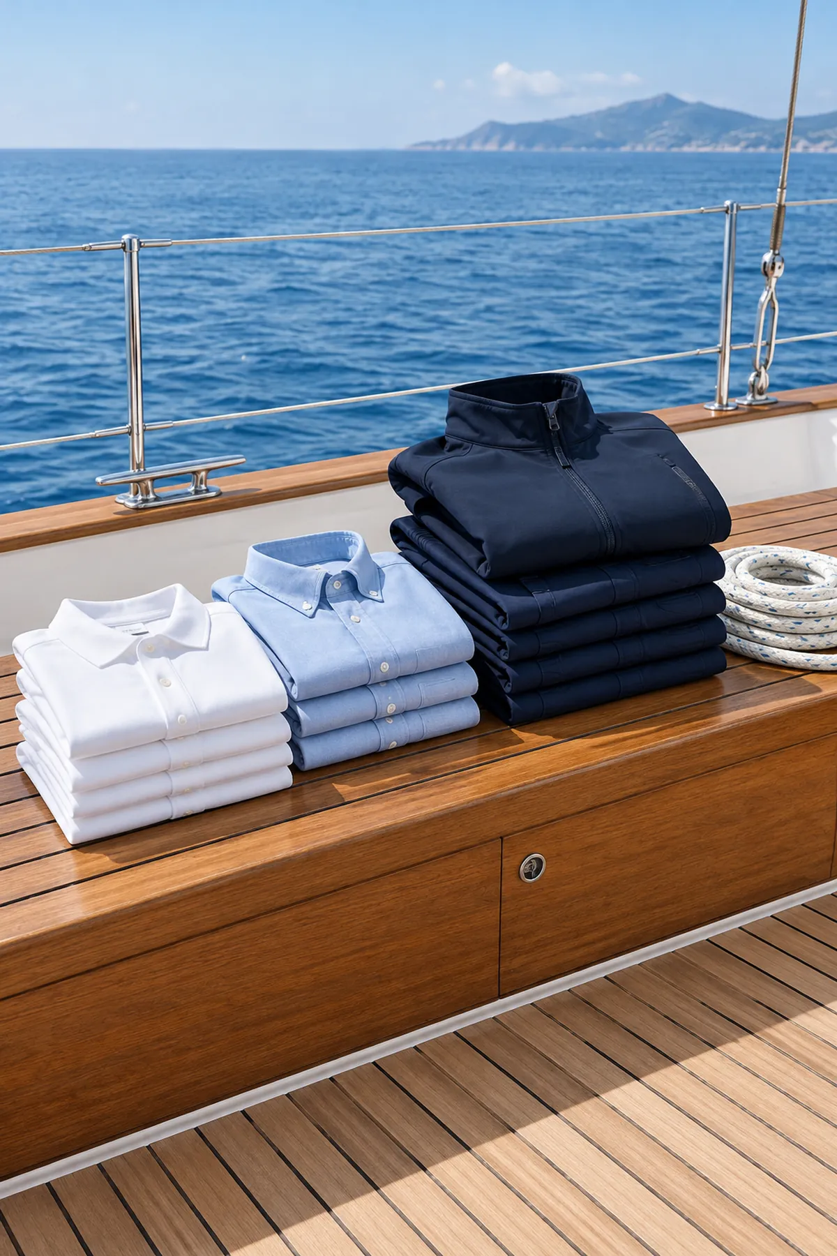 Des tenues d'équipage de yacht pliées sur un pont en teck : des polos blancs, des chemises bleu clair, des pantalons bleu marine et une veste softshell