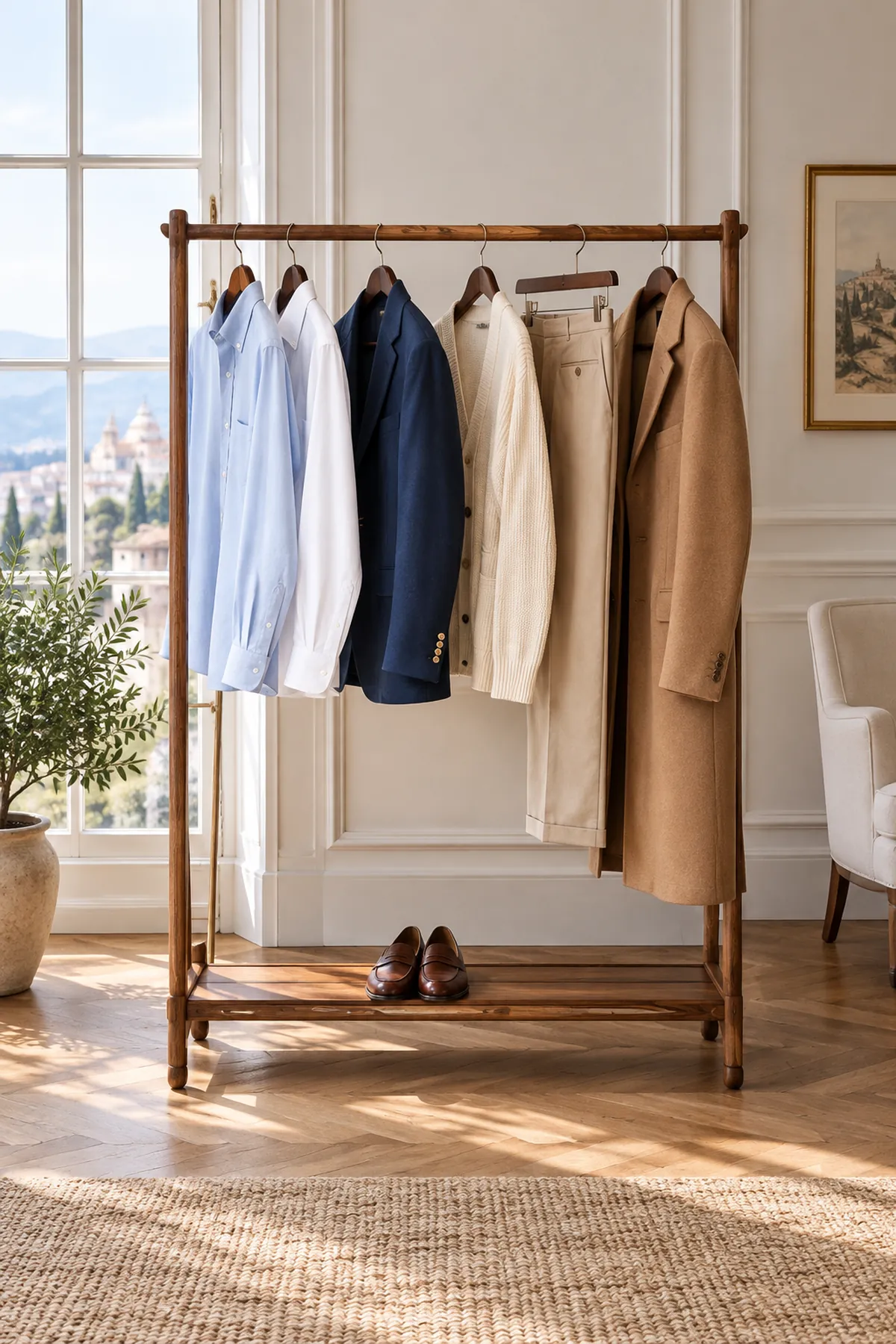 Une collection capsule pour homme dans un style « old money » présentée sur un portemanteau : chemises Oxford, blazer bleu, cardigan, pantalon chino beige et manteau camel