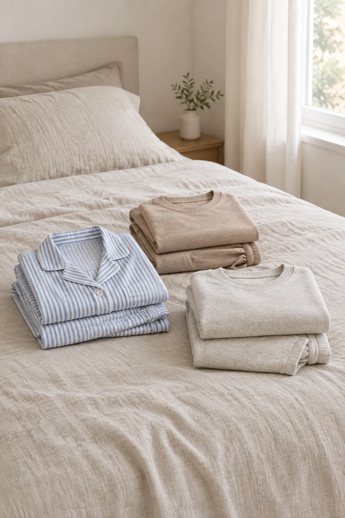 Une sélection de vêtements d'intérieur posés sur un lit clair : pyjama en popeline rayé, ensemble en jersey couleur sable, sweat-shirt douillet et pantalon d'intérieur