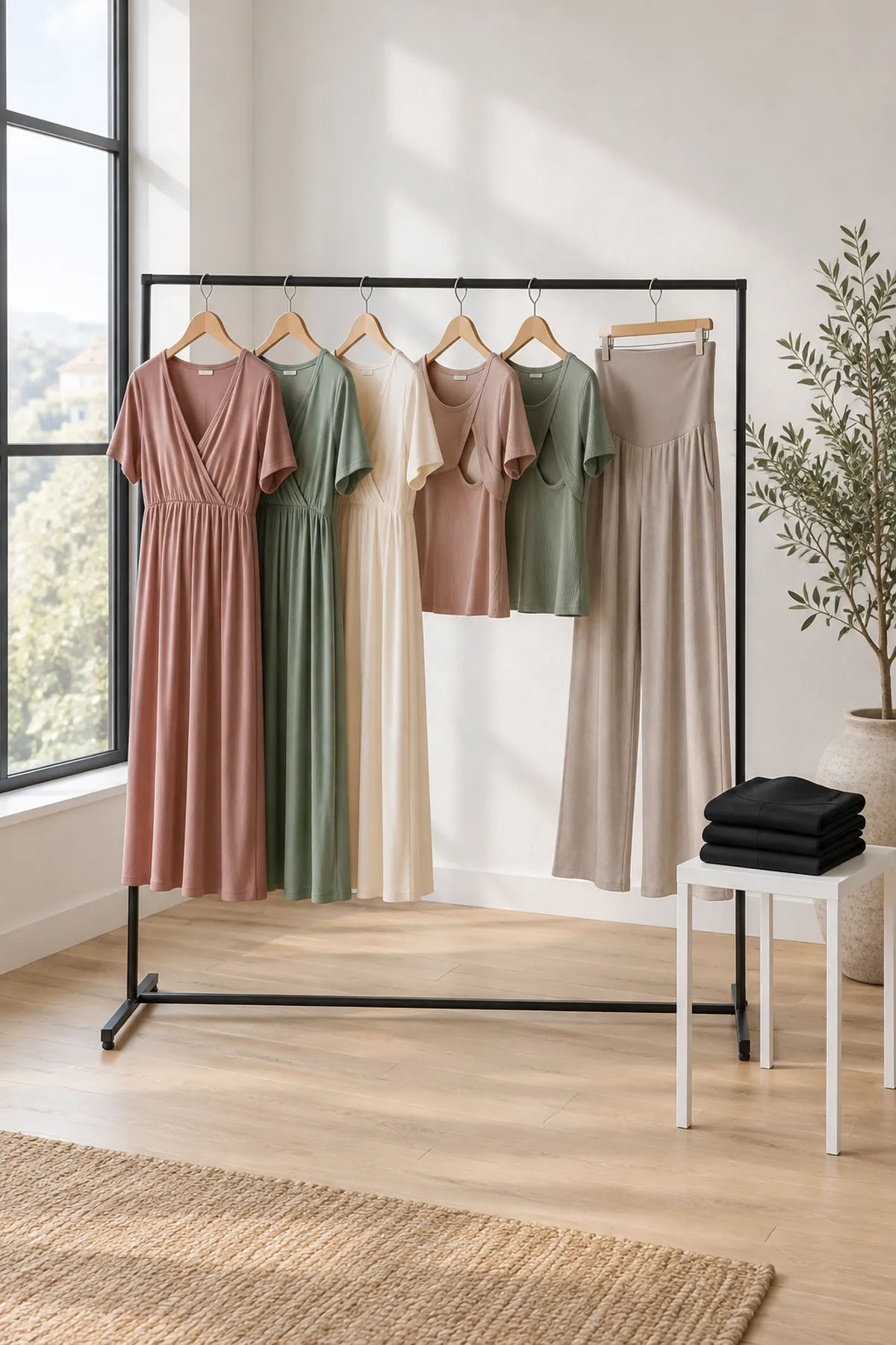 Une collection de vêtements de grossesse présentée sur un portemanteau dans un atelier lumineux : robes amples, hauts avec ouverture d'allaitement, pantalons à ceinture élastique et leggings