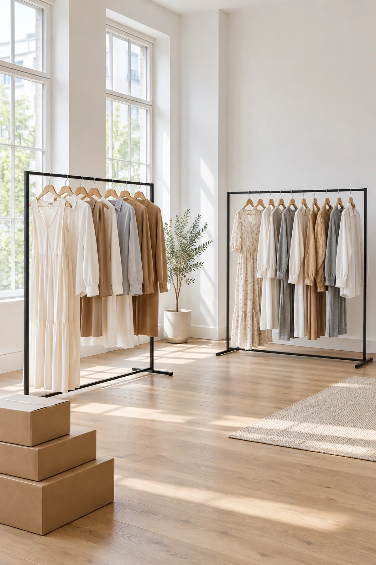 Showroom lumineux dédié à la prêt-à-porter, avec des portants de vêtements, chemises et tricots aux couleurs neutres, ainsi que des cartons prêts à être expédiés