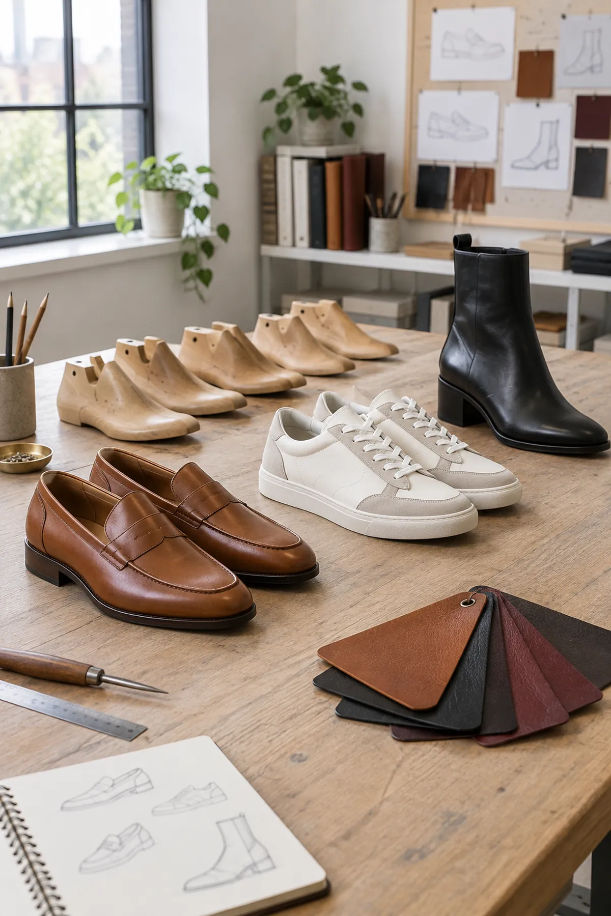 Chaussures en cours de fabrication sur un établi de cordonnier : formes en bois, mocassins en cuir, baskets en daim et échantillons de cuir