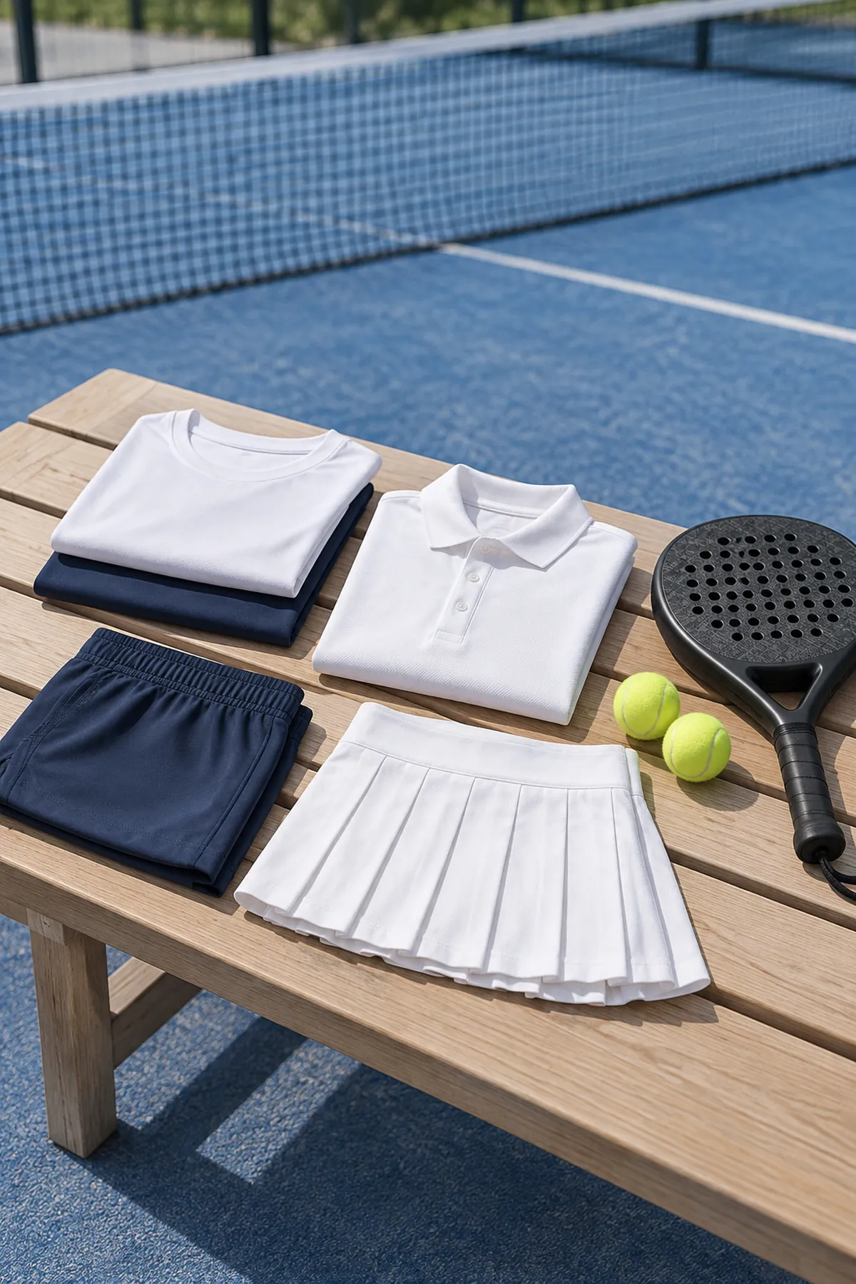 Une sélection de vêtements de padel posée sur un banc à côté du terrain : des t-shirts techniques, des polos blancs, des shorts et une jupe de sport